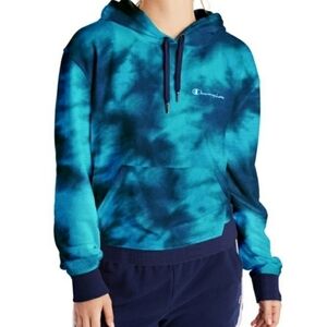 Champion Blue & Black Tie Dye Print Logo French Terry Pullover Hooded Sweatshirt